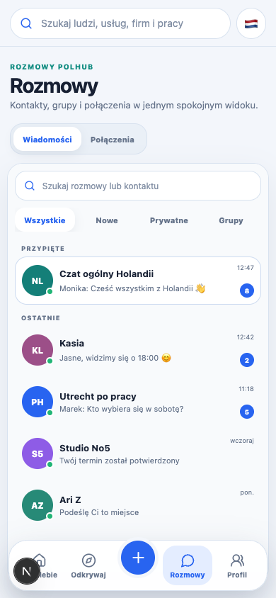 Przykładowy ekran rozmów PolHub Next z listą czatów i wyborem połączeń